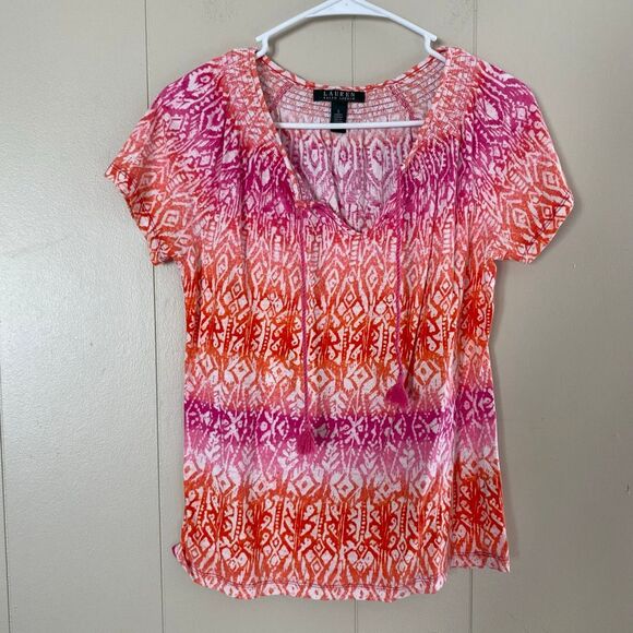 Lauren Ralph Lauren Top Small Pink Orange Ikat Print Tassel Peasant Blouse Boho - Picture 1 of 5